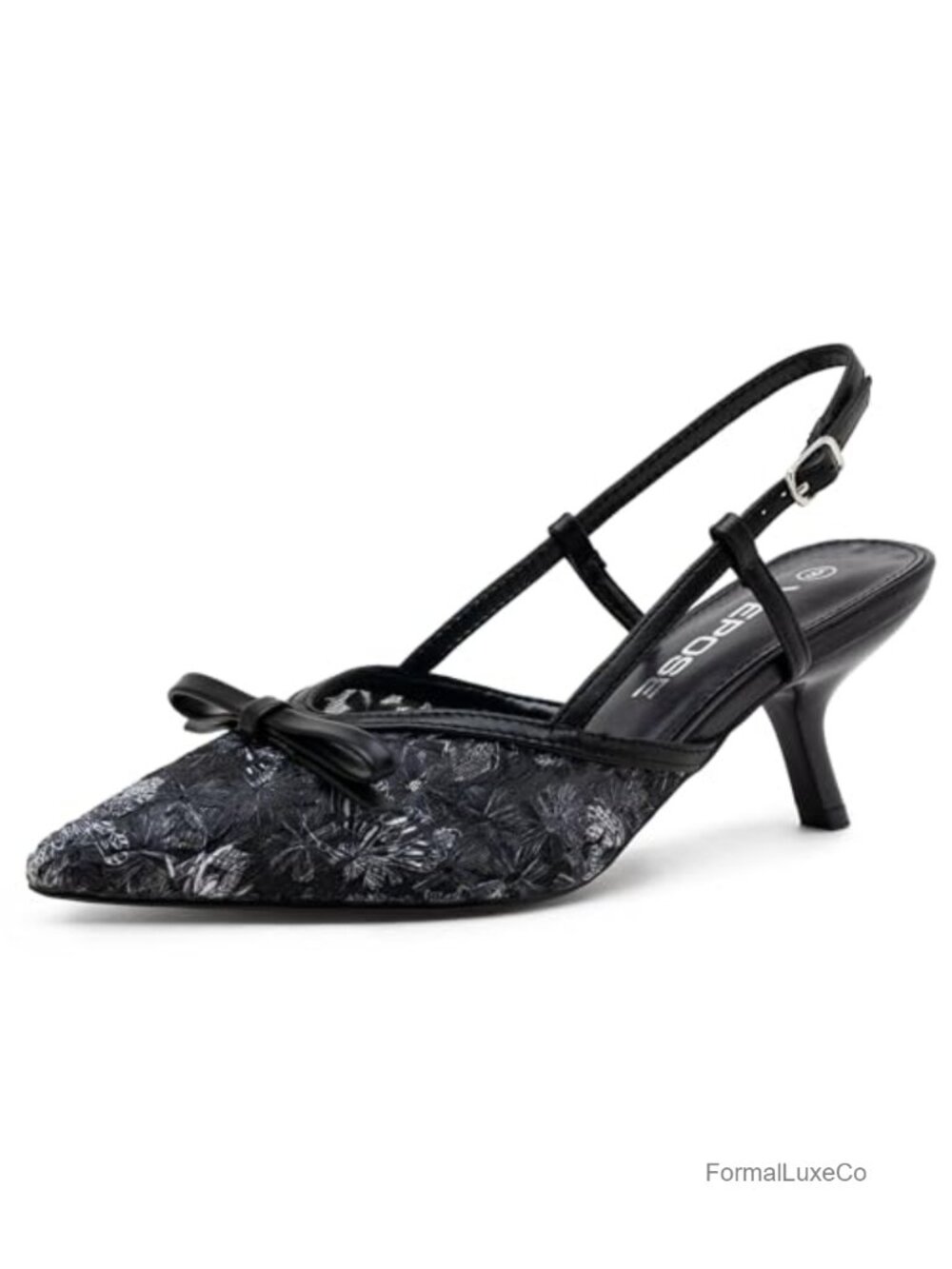 Women's Slingback Kitten Heels Bow Pointed Toe Closed Dress Pumps Floral Mesh